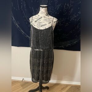 Adrianna Papell Black Beaded Fringe Flapper Cocktail Dress – Size 10